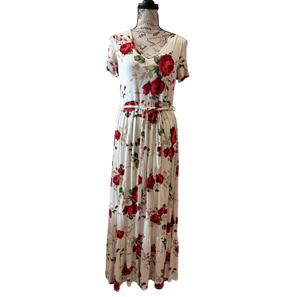 Sweet Claire Floral Maxi Dress Cream Red Rose V-Neck‎ Short Sleeve Tiered Medium